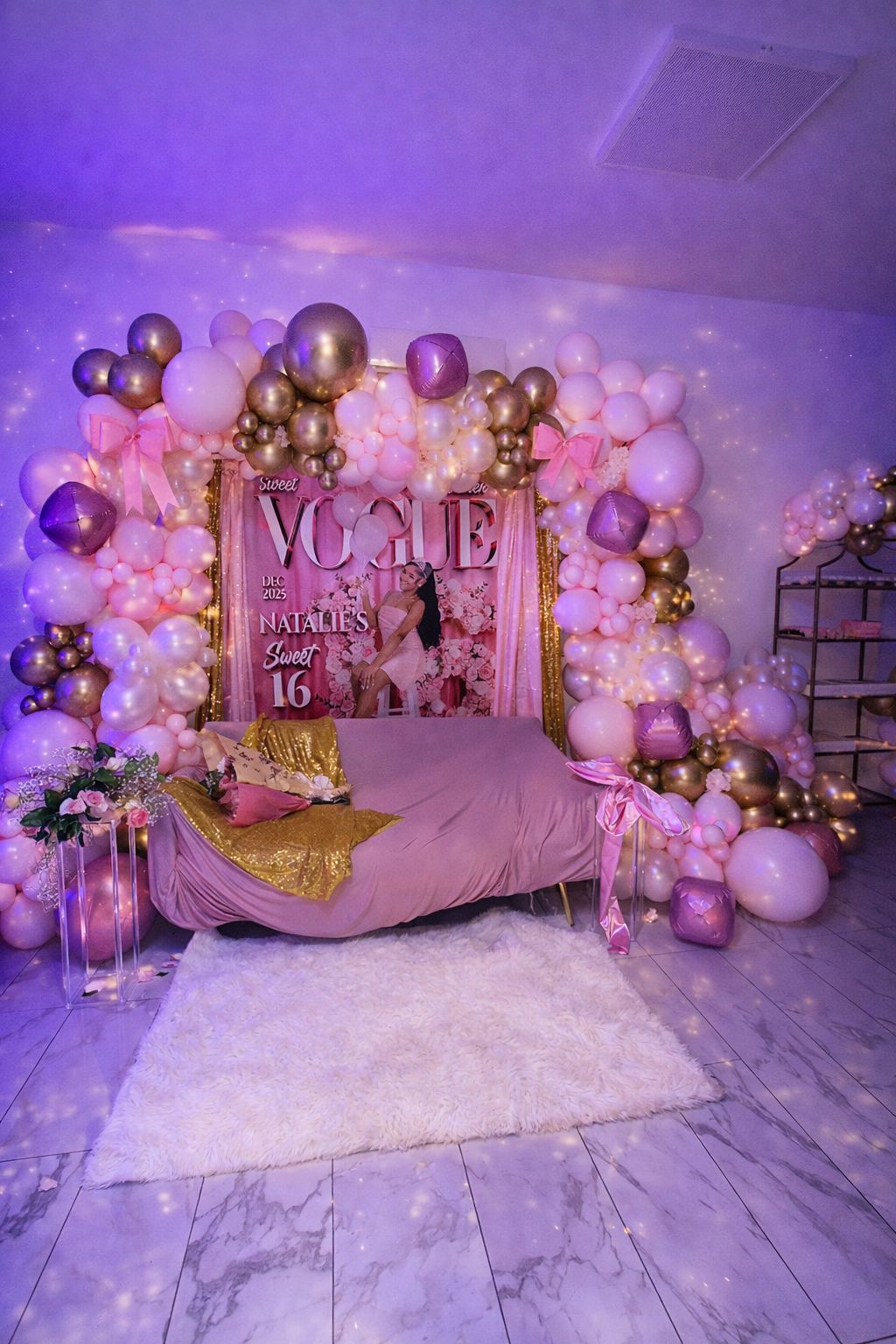 Balloon installation beside the glass-front room and marble floors at Elegance on Varet