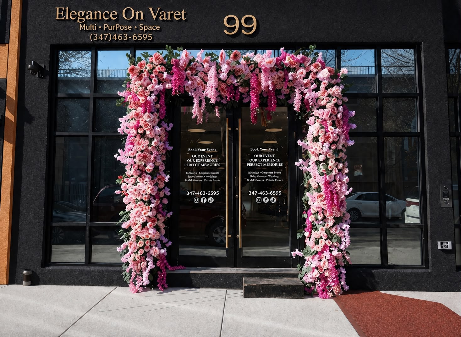 Elegance on Varet storefront at 99 Varet Street, Bushwick, with a flower arch over the entrance