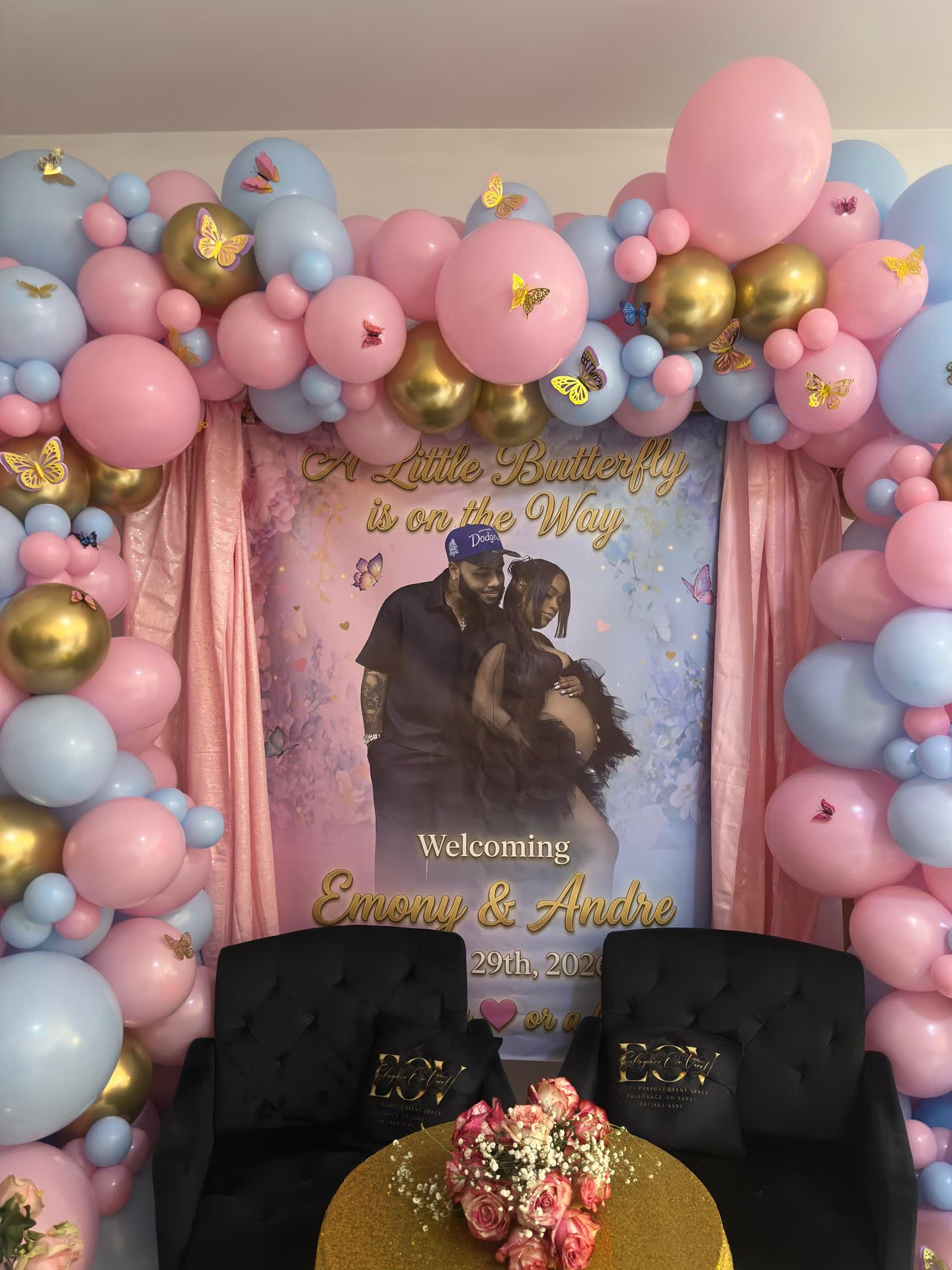Pink, blue and gold baby shower balloon arch at Elegance on Varet