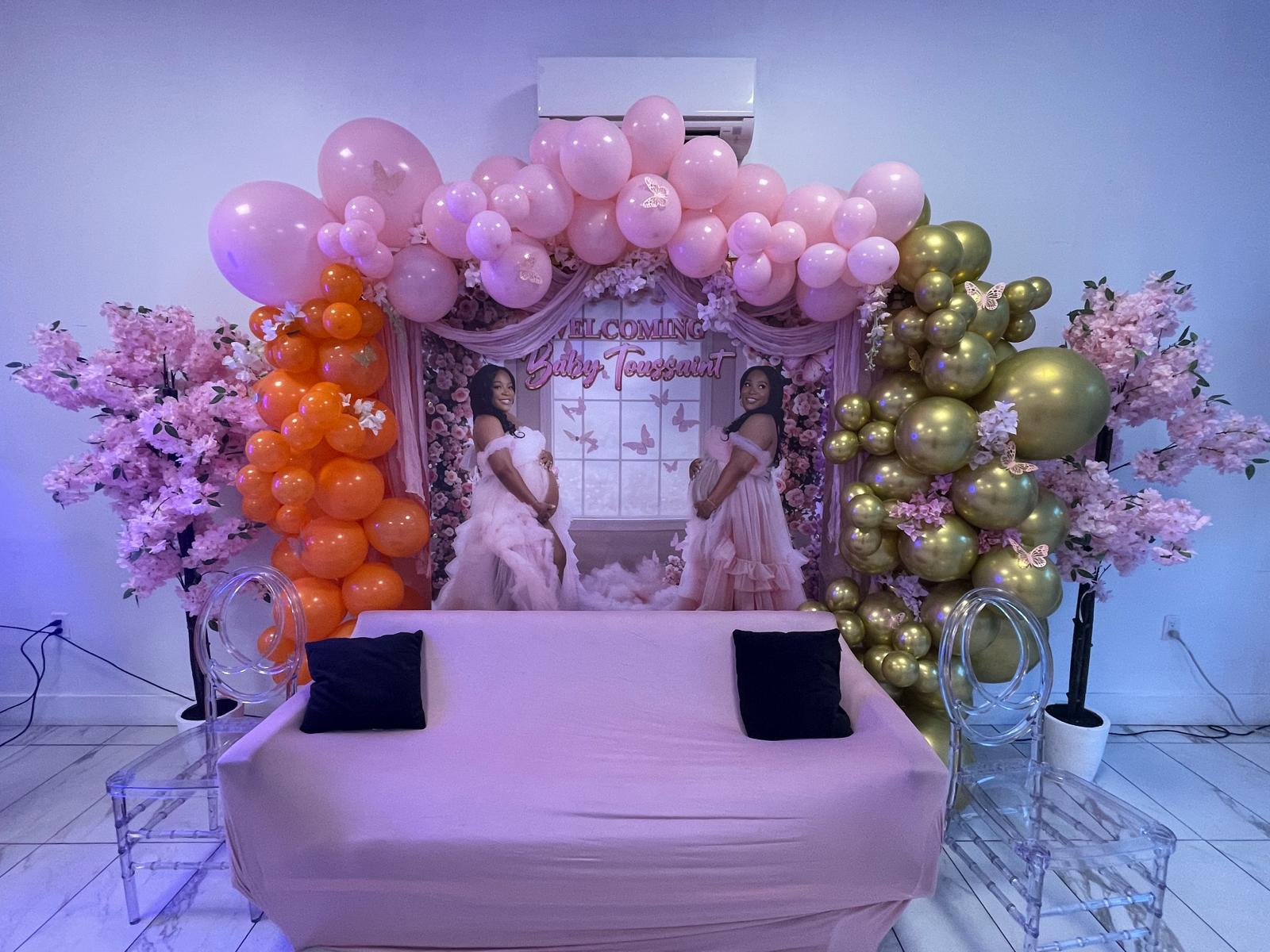 Bridal shower balloon arch and backdrop at Elegance on Varet in Bushwick